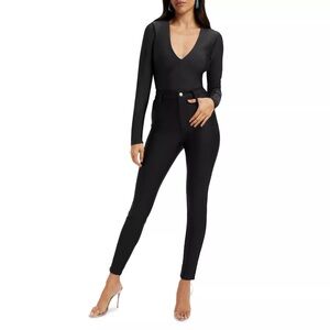Deep V Long Sleeve Bodysuit – Black, Double-Lined Thong Fit